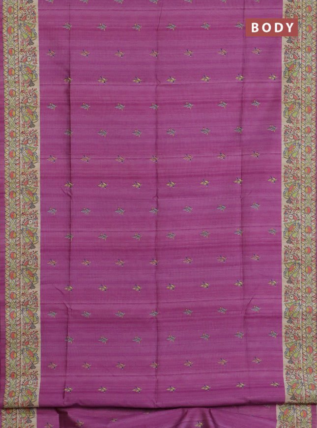 Semi tussar saree purple and beige with allover butta prints and madhubani printed pallu & border