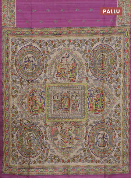 Semi tussar saree purple and beige with allover butta prints and madhubani printed pallu & border
