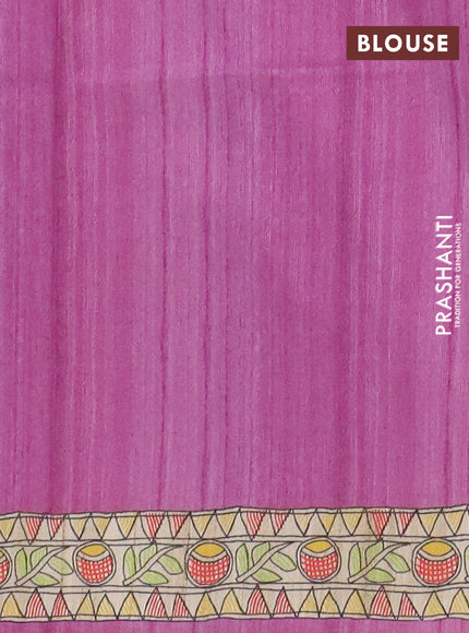 Semi tussar saree purple and beige with allover butta prints and madhubani printed pallu & border
