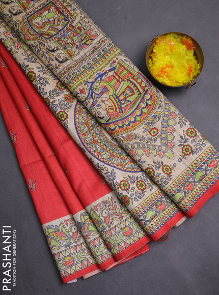Semi tussar saree red and beige with allover butta prints and madhubani printed pallu & border