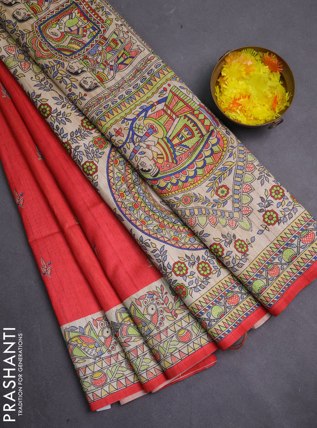 Semi tussar saree red and beige with allover butta prints and madhubani printed pallu & border