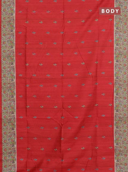Semi tussar saree red and beige with allover butta prints and madhubani printed pallu & border