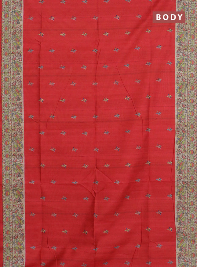 Semi tussar saree red and beige with allover butta prints and madhubani printed pallu & border