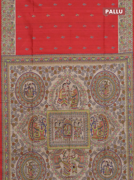 Semi tussar saree red and beige with allover butta prints and madhubani printed pallu & border