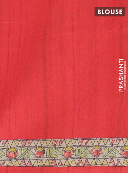 Semi tussar saree red and beige with allover butta prints and madhubani printed pallu & border