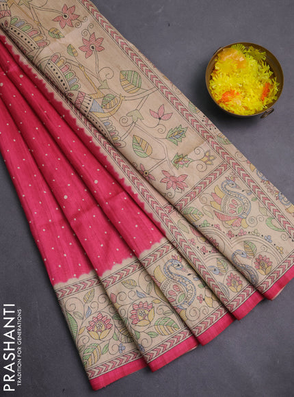 Semi tussar saree candy pink and beige with allover butta prints and madhubani printed pallu & border