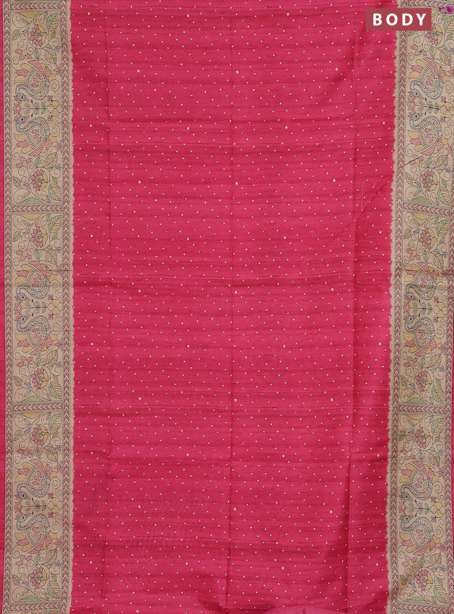 Semi tussar saree candy pink and beige with allover butta prints and madhubani printed pallu & border