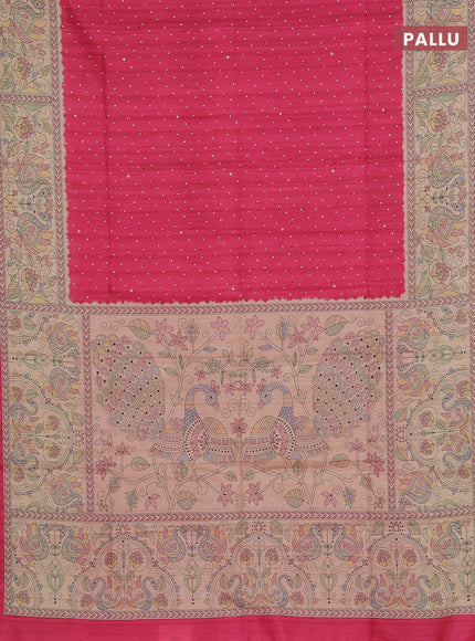 Semi tussar saree candy pink and beige with allover butta prints and madhubani printed pallu & border