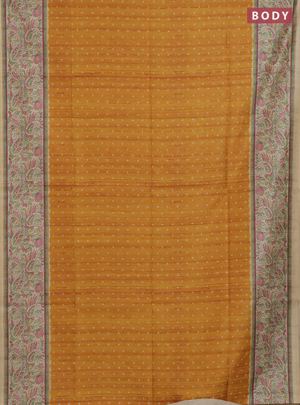 Semi tussar saree mustard yellow and cream with allover bandhani prints and madhubani printed pallu & border