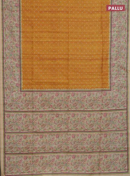 Semi tussar saree mustard yellow and cream with allover bandhani prints and madhubani printed pallu & border
