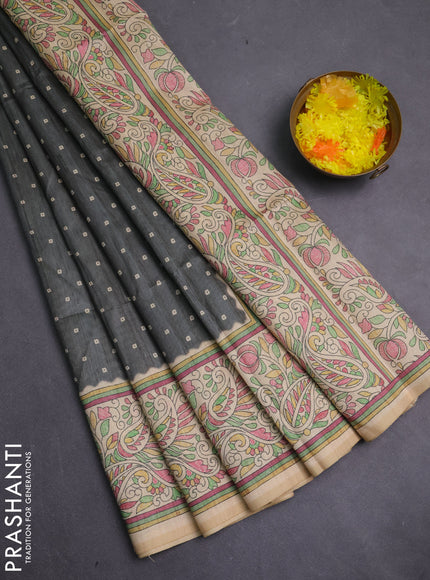 Semi tussar saree grey and cream with allover bandhani prints and madhubani printed pallu & border