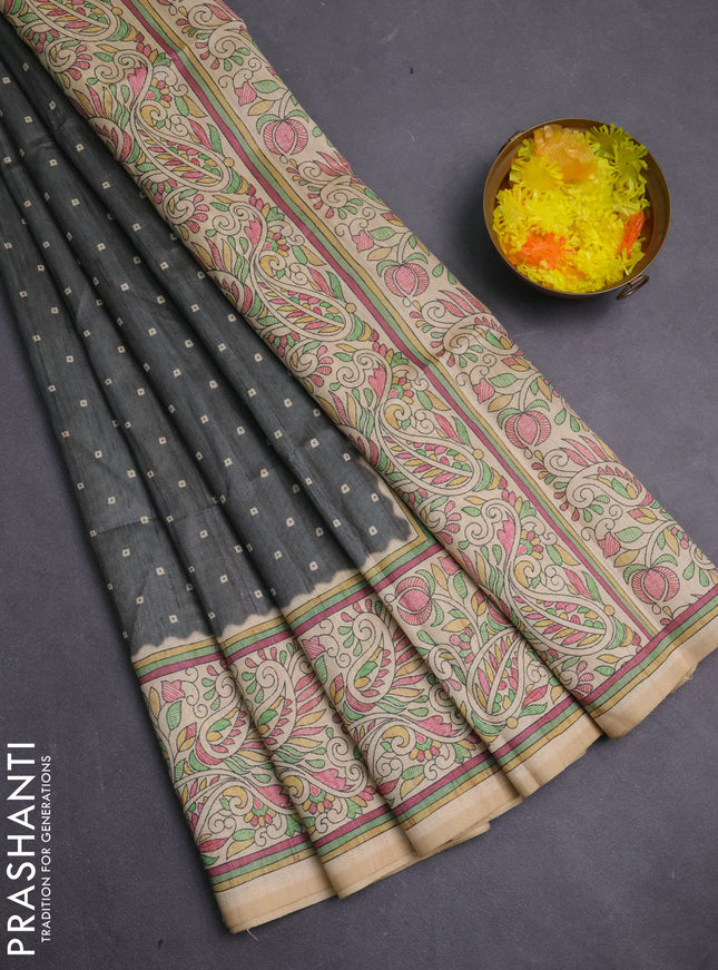 Semi tussar saree grey and cream with allover bandhani prints and madhubani printed pallu & border