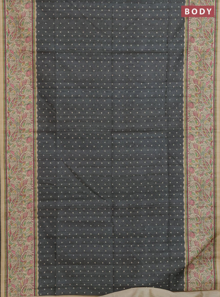 Semi tussar saree grey and cream with allover bandhani prints and madhubani printed pallu & border