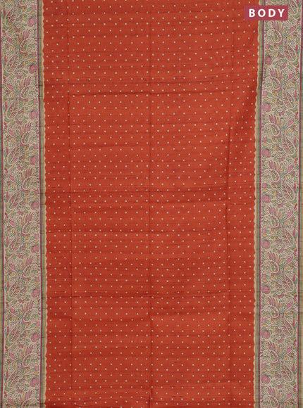 Semi tussar saree rust shade and cream with allover bandhani prints and madhubani printed pallu & border