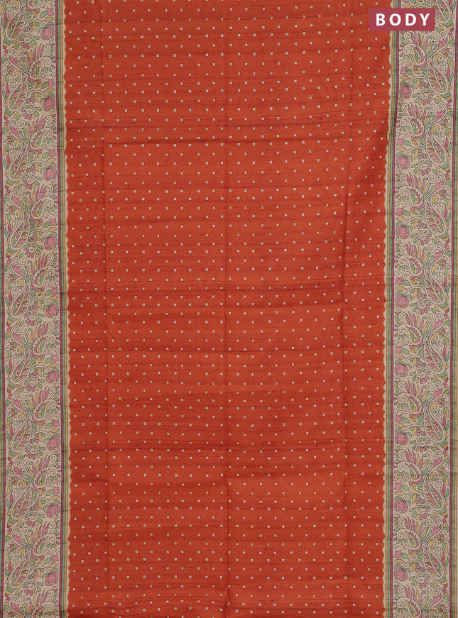 Semi tussar saree rust shade and cream with allover bandhani prints and madhubani printed pallu & border