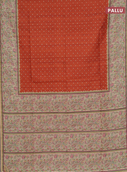 Semi tussar saree rust shade and cream with allover bandhani prints and madhubani printed pallu & border