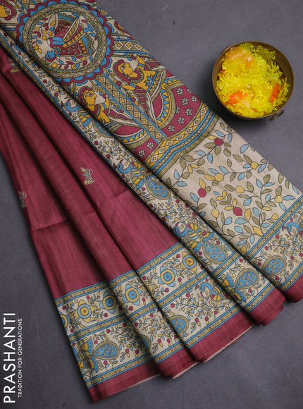 Semi tussar saree maroon and cream with butta prints and madhubani printed pallu & border