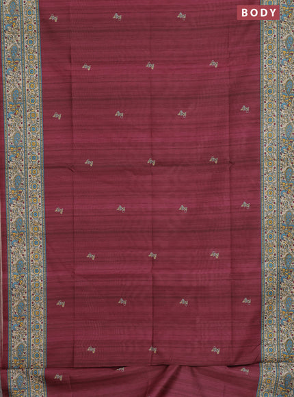 Semi tussar saree maroon and cream with butta prints and madhubani printed pallu & border