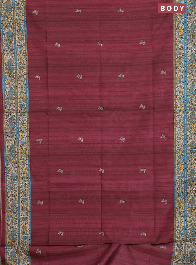 Semi tussar saree maroon and cream with butta prints and madhubani printed pallu & border
