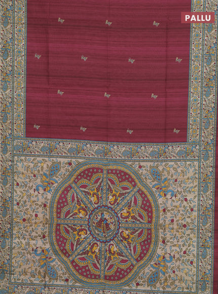 Semi tussar saree maroon and cream with butta prints and madhubani printed pallu & border