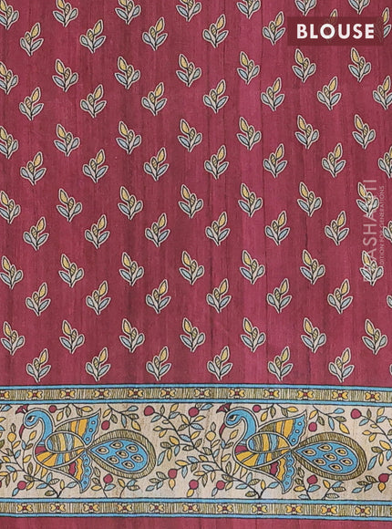 Semi tussar saree maroon and cream with butta prints and madhubani printed pallu & border