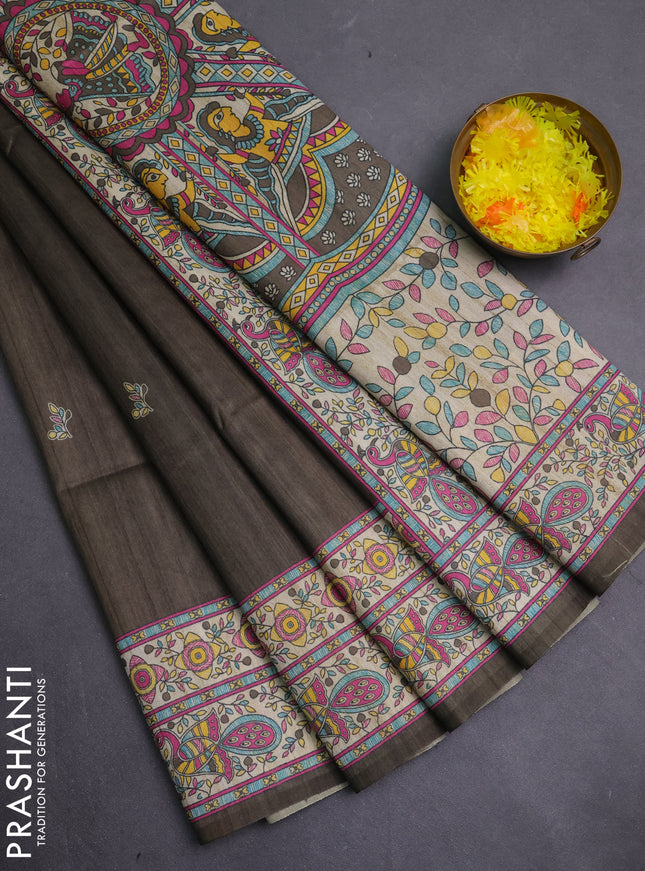 Semi tussar saree olive green and cream with butta prints and madhubani printed pallu & border