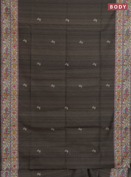 Semi tussar saree olive green and cream with butta prints and madhubani printed pallu & border