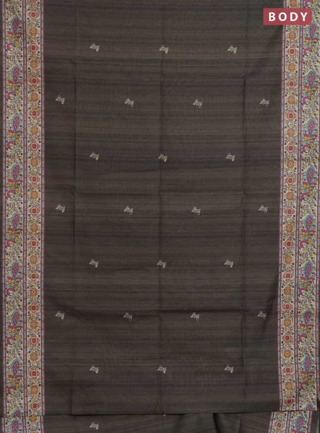 Semi tussar saree olive green and cream with butta prints and madhubani printed pallu & border