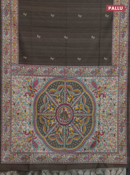 Semi tussar saree olive green and cream with butta prints and madhubani printed pallu & border
