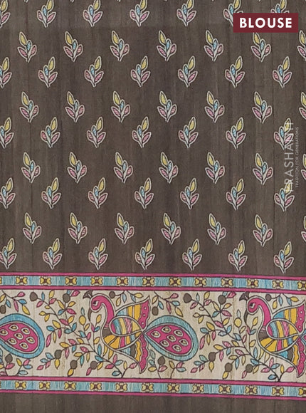 Semi tussar saree olive green and cream with butta prints and madhubani printed pallu & border