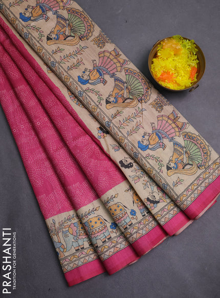 Semi tussar saree pink and beige with allover prints and madhubani printed pallu & border