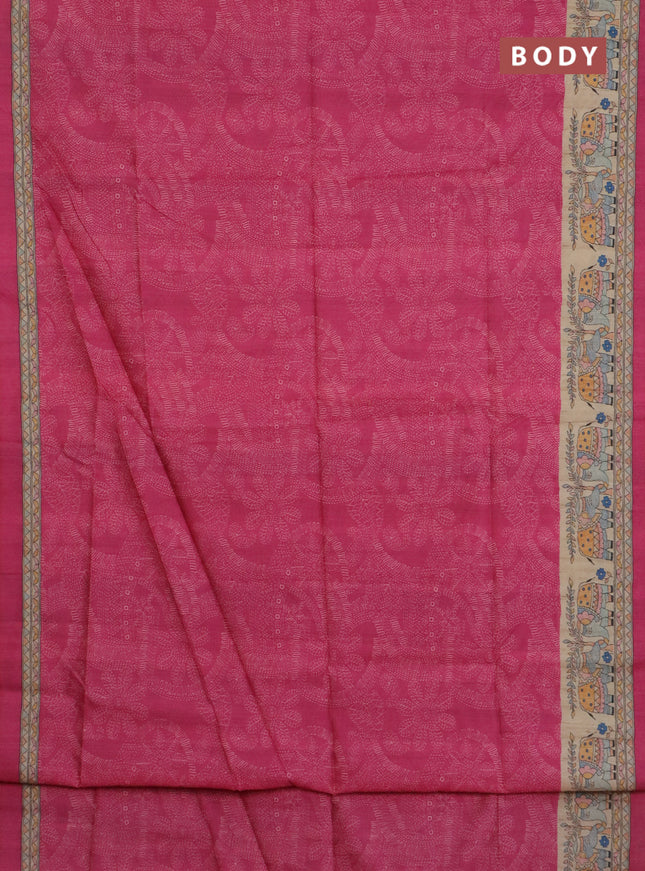 Semi tussar saree pink and beige with allover prints and madhubani printed pallu & border