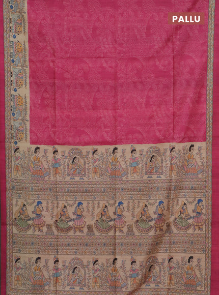 Semi tussar saree pink and beige with allover prints and madhubani printed pallu & border