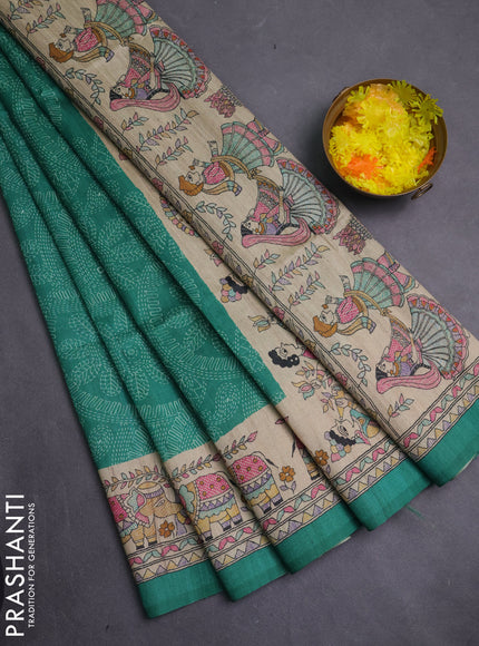 Semi tussar saree green and beige with allover prints and madhubani printed pallu & border