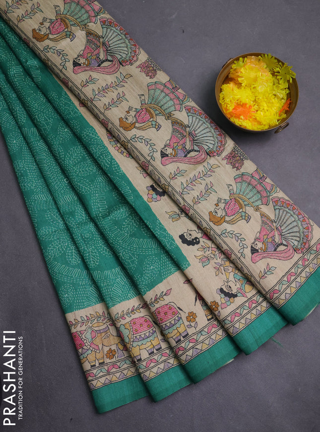 Semi tussar saree green and beige with allover prints and madhubani printed pallu & border