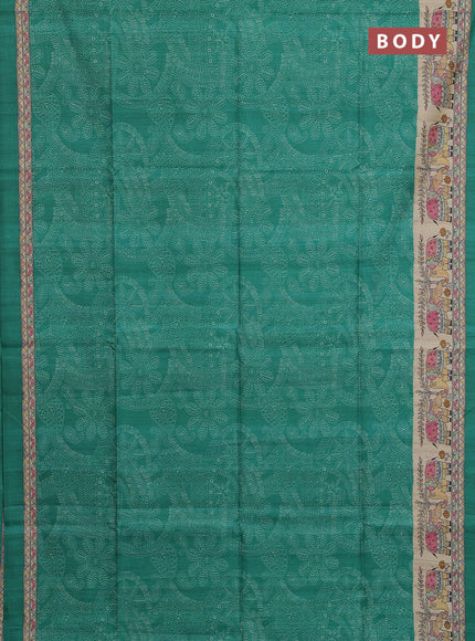 Semi tussar saree green and beige with allover prints and madhubani printed pallu & border