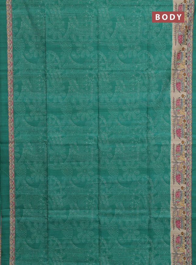 Semi tussar saree green and beige with allover prints and madhubani printed pallu & border