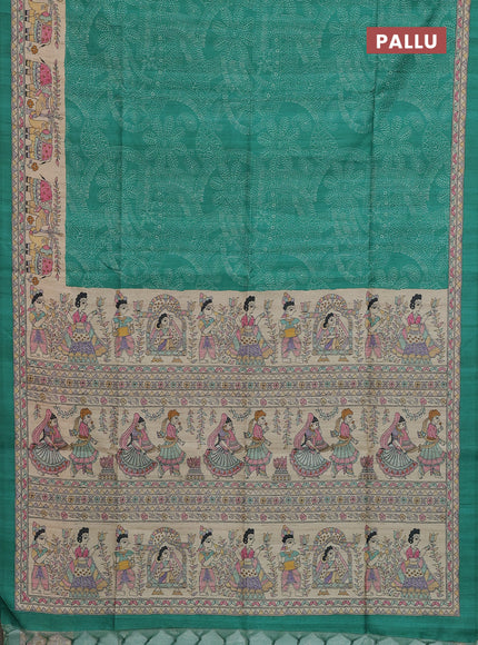 Semi tussar saree green and beige with allover prints and madhubani printed pallu & border