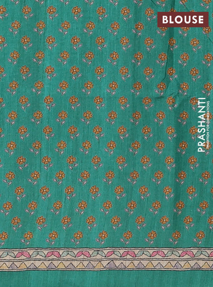 Semi tussar saree green and beige with allover prints and madhubani printed pallu & border