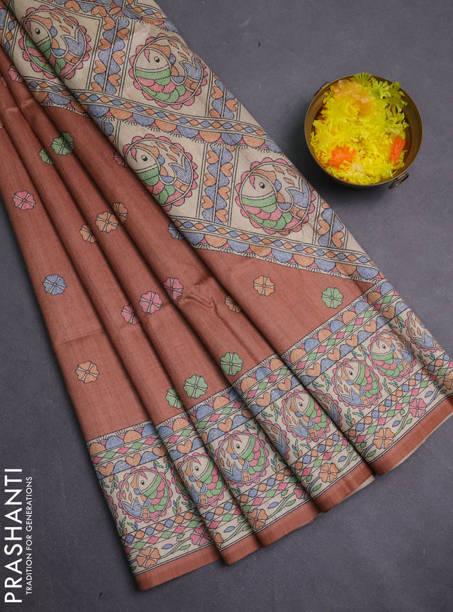 Semi tussar saree brown and beige with allover butta prints and madhubani printed pallu & border