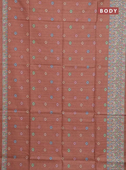 Semi tussar saree brown and beige with allover butta prints and madhubani printed pallu & border