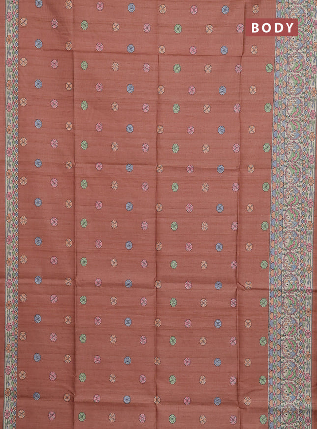 Semi tussar saree brown and beige with allover butta prints and madhubani printed pallu & border
