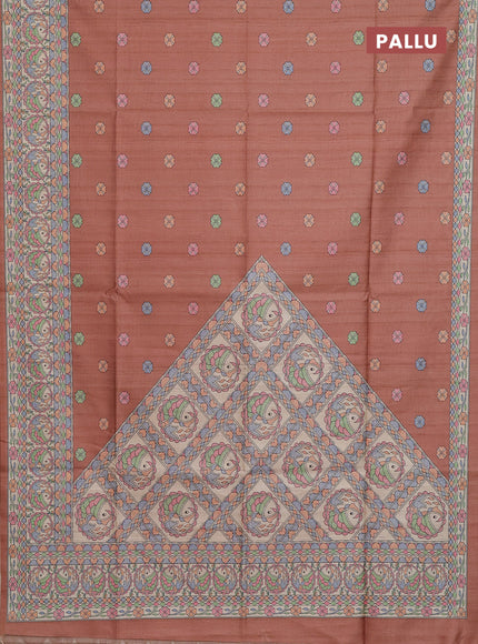 Semi tussar saree brown and beige with allover butta prints and madhubani printed pallu & border