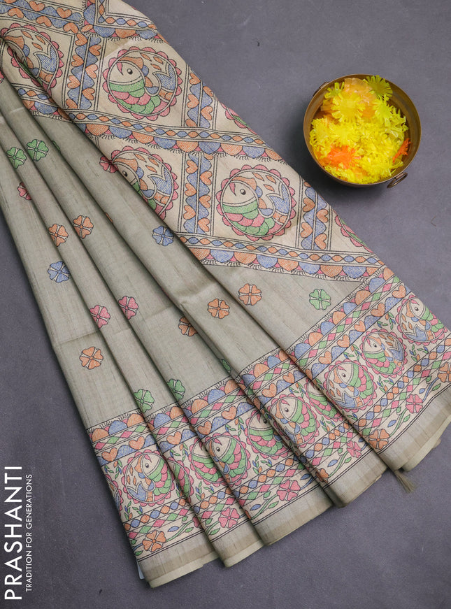 Semi tussar saree pastel grey and beige with allover butta prints and madhubani printed pallu & border