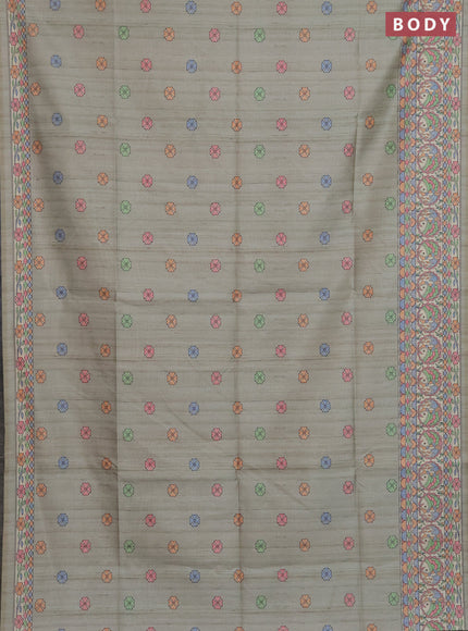 Semi tussar saree pastel grey and beige with allover butta prints and madhubani printed pallu & border