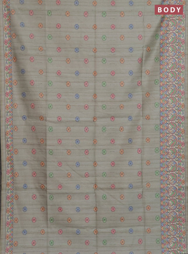 Semi tussar saree pastel grey and beige with allover butta prints and madhubani printed pallu & border