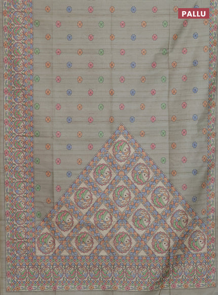 Semi tussar saree pastel grey and beige with allover butta prints and madhubani printed pallu & border