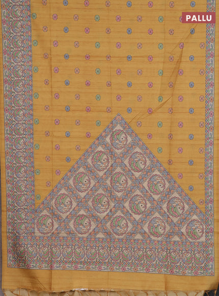 Semi tussar saree mustard yellow and beige with allover butta prints and madhubani printed pallu & border
