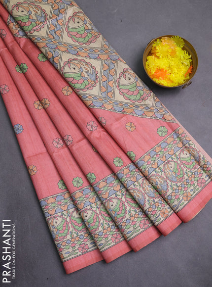 Semi tussar saree peach pink and beige with allover butta prints and madhubani printed pallu & border