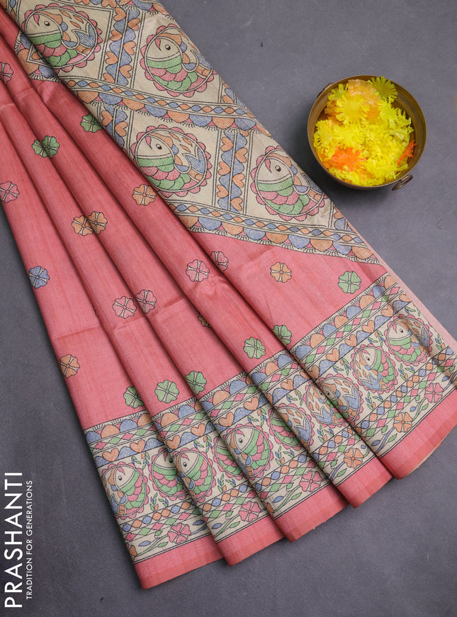Semi tussar saree peach pink and beige with allover butta prints and madhubani printed pallu & border